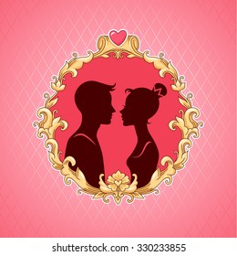 Silhouette of a young couple inside the baroque frame. Greeting postcard for Valentine's day.
