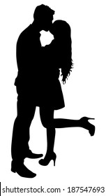 Silhouette of young couple in love kissing, vector