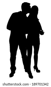 Silhouette of young couple in love kissing, vector 