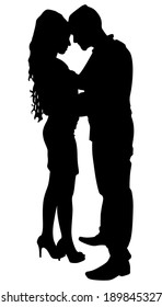 Silhouette of young couple in love kissing, vector