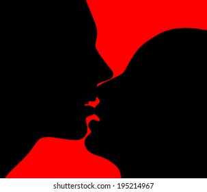 Silhouette of young couple in love kissing, vector 