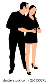 Silhouette of young couple in love kissing, vector 