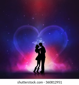 Silhouette of young couple in love on creative colorful night background for Happy Valentine's Day celebration.