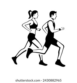 Silhouette young couple on a jogging walk. A man and a woman are running. Young attractive girl and boy. Active lifestyle. Sports and fitness. Vector illustration flat design. Athletic body.