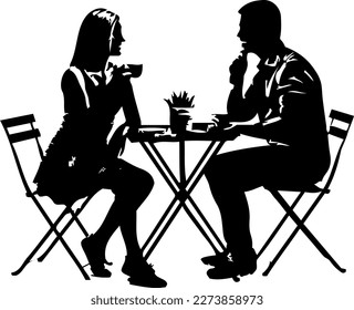 silhouette of young couple in outdoor restaurant, sketch drawing vector illustration of husband and wife sitting chair in outdoor restaurant