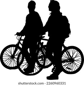 Silhouette des jungen Paares, das mit dem Fahrrad steht, eine Frau und ein Mann, der Radfahrer ist, stehen mit einem Fahrrad, Mädchen und Junge mit Radaufnahmen