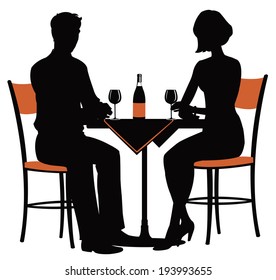 the silhouette of a young couple at the table with a bottle of wine