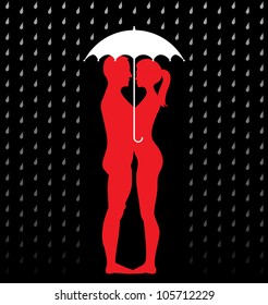 silhouette of young couple under an umbrella, standing in the rain - illustration