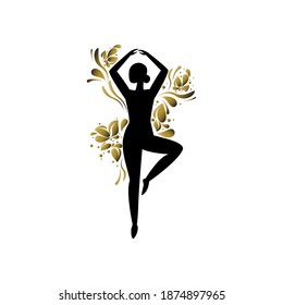 Silhouette of young dancing woman framed by abstract golden leaves.  Bright logo or brand design for dancing school, beauty salon, fitness center. Vector illustration.