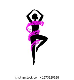 Silhouette of young dansing woman entwined with a scarlet ribbon.  Bright logo design. Vector illustration.