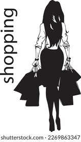 silhouette of a young fashionable woman looking from behind, holding a gift in her hands after shopping. Girl characters shop a lot