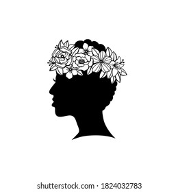 Silhouette young female hairstyle with flowers