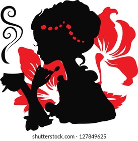 Silhouette of a Young female holding hot coffee or tea. Isabelle series