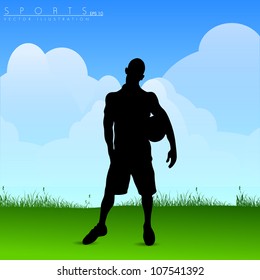 Silhouette of young football player holding soccer ball in hand standing on grass. Vector Illustration EPS10.