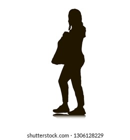 Silhouette of a young girl with a bag. Girl travels. Shopping. Airport, train station. Vector. Isolated illustration. Isolated background.
