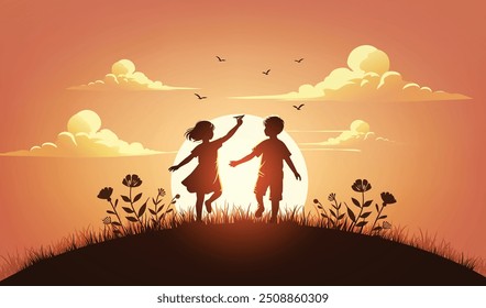 Silhouette of a young girl and boy holding hands at sunset, symbolizing childhood and connection.