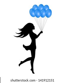 silhouette of a young girl with a bunch of balloons