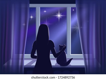 Silhouette of a young girl with a cat at home looking out the window at the starry blue sky. Stay at home. Do not go outside.