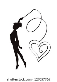 Silhouette of young girl with dynamic ribbon making heart shape. Rhythmic gymnastic as a beautiful sport activity.