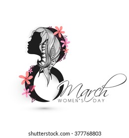 Silhouette of young girl face with floral design decorated hair and creative text 8 March for Happy Women's Day celebration. 