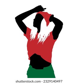 Silhouette of a young girl in a fashionable red top or blouse, in modern green pants, with a red cap on her head, vector illustration