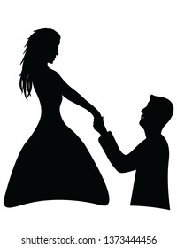 Silhouette of young girl in gown looking at man while proposing her in isolated white background