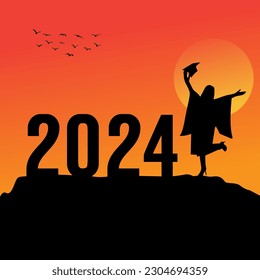 Silhouette Young girl Graduation in 2024 years, education congratulation 2024 concept, new year 2024