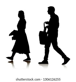 Silhouette of a young girl and a guy with luggage. Young people travel. Married couple. Airport, train station. Vector. Isolated illustration. Isolated background.