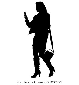 Silhouette young girl with handbag standing. Vector illustration.