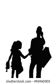 Silhouette of a young girl holding a doll and her mother talking on the phone while walking