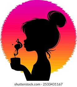 Silhouette of a Young Girl Holding a Lit Candle With a Vibrant Sunset Background, Symbolizing Peace, Calm, Warm Moments, Reflection, Tranquility, Thoughtful Visual Themes, Concepts in Art and Design.