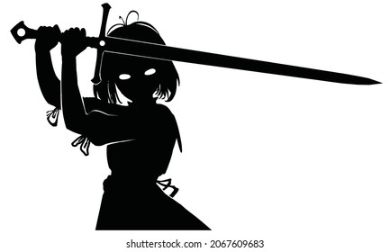 Silhouette of a young girl knight with a square hairstyle, standing in a fighting position with a two-handed sword claymore, she is wearing a dress. drawn in anime style. 2d illustration