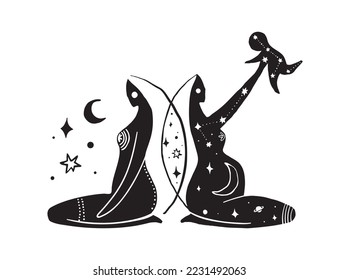 Silhouette of a young girl and a pregnant woman with a child, a mystical female icon, a symbol of motherhood, sacred femininity. Vector illustration isolated on white background.
