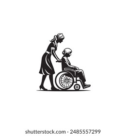 Silhouette of a young girl pushing a wheelchair with an elderly person. vector illustration