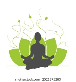 Silhouette of young girl sitting in yoga lotus pose. Happy relaxed female character performing meditation exercise. Lotus flower.