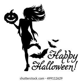 Silhouette of a young girl in the witch costume and holiday greeting "Happy Halloween!".Vector clip art.