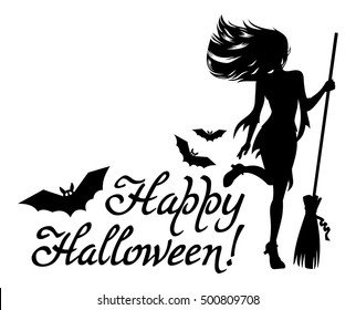 Silhouette of a young girl in the witch costume,  bats  and holiday greeting "Happy Halloween!". Vector clip art.