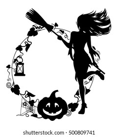 Silhouette of a young girl in the witch costume Vector clip art.