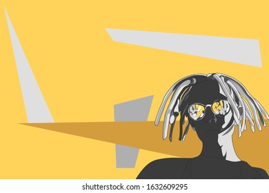 silhouette of a young guy with dreadlocks and glasses on an abstract background 