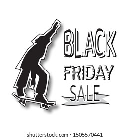 Silhouette of young guy on skateboard. Banner for sale of sporting goods on black friday. Template for use on flyer, poster, booklet. Vector