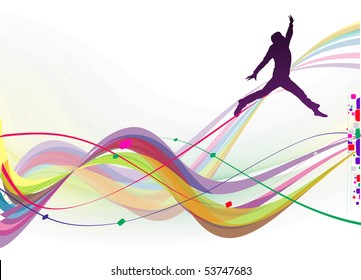 silhouette of a young happy man and having fun with wave line background, vector illustration