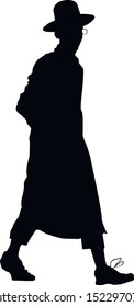 Silhouette of a young Hasid Jew. Jew with glasses. Religious Jew in a traditional costume. The man in the hat. Isolated vector illustration black and white color.