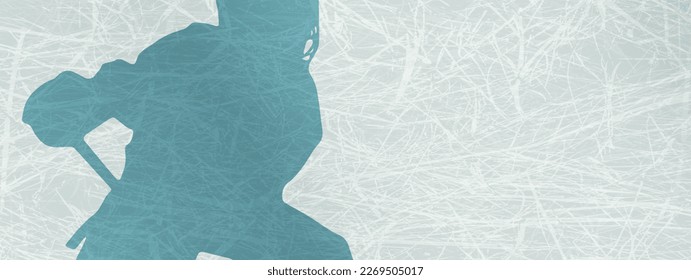 Silhouette of a young hockey player in motion against light blue ice texture. Sports illustration with space for text placement, promotion, advertising, promotions, etc. 
