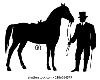 Silhouette Of Young Horseman In Historical Clothing With Standing Horse. Rider In Victorian Dress.