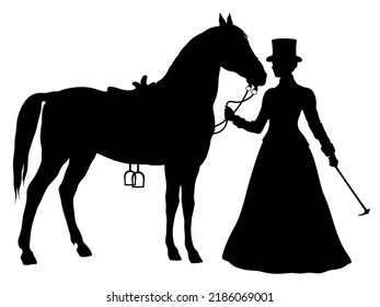 Silhouette of young horsewoman in victorian dress with standing horse. Elegant rider woman in historical clothing.