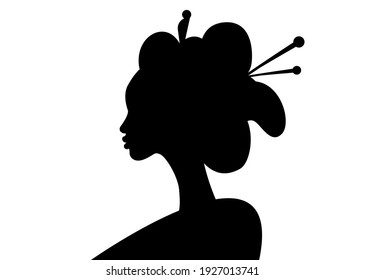 Silhouette of young Japanese girl an ancient hairstyle. Geisha, maiko, princess. Traditional Asian woman style. Print, poster, t-shirt, card, tattoo. Vector illustration isolated on white background