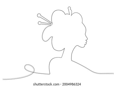 Silhouette of young Japanese girl an ancient hairstyle. Black Line art style design. Geisha, maiko, princess. Traditional Asian woman sketch drawing. Vector illustration isolated on white background