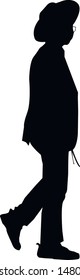 Silhouette of a young jew. Walking in Jerusalem. Jew in a traditional costume. Hasid with sidelocks in a long frock coat and hat. Isolated vector illustration. Black on white.