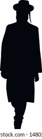 Silhouette of a young Jewish man in a hat and a long coat. Religious Jew in a traditional costume. Hasid with sidelocks. Isolated vector illustration. Black on white.