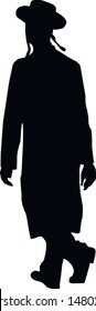 Silhouette of a young Jewish man in a hat and a long coat. A Jew is walking in Jerusalem. Religious Jew in a traditional costume. Hasid with sidelocks. Isolated vector illustration. Black on white.